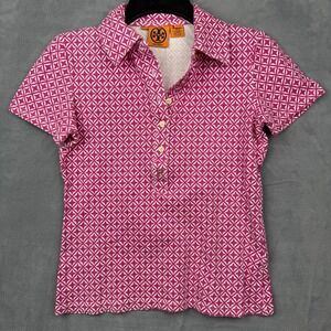 Tory Burch Pink White Geometric Print Short Sleeve Polo Shirt Women's Size S